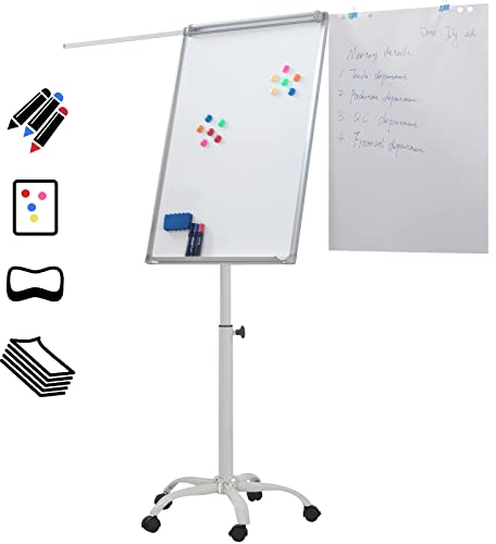 Jago® Flipchart - Höhenverstellbar, 90x60cm, mit Ständer, Stiftablage, 3 Marker, Papier, Zubehör, Tragbar, Modellwahl - Magnetisches Whiteboard, Präsentationstafel, Moderationstafel (Modell 4)