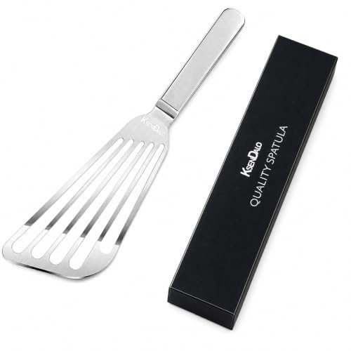 KSENDALO Thin Fish Spatula Stainless Steel -Flexible Slotted Egg Flipper with Angled Blade & Comfortable Hollow Grip, Metal Turner for Fish Egg Omelettes Pancakes, All Cookware, Dishwasher Safe