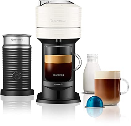 Nespresso Vertuo Next Coffee Machine by De'Longhi with Aeroccino Milk Frother, Over 30 Varieties of Pods, 6 Coffee Cup Sizes, Latte, Cappuccino, Starter Capsule Set Included, EN120.WAE, White