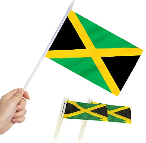 Anley Jamaica Mini Flag 12-pack - Handhållna små jamaicanska miniatyrflaggor på sticka - blekningsbeständiga och levande färger - 5x8 tum med solid stång och spjut-topp
