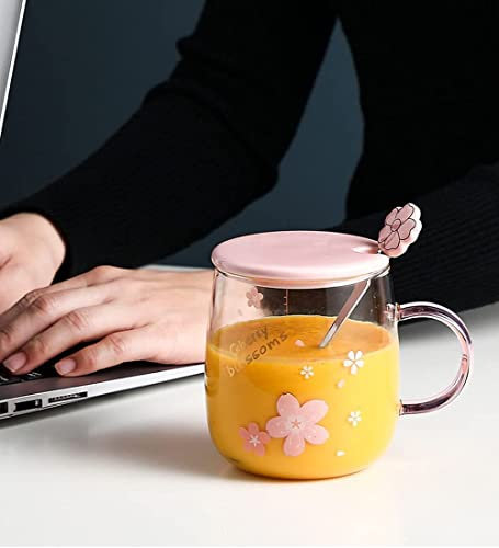 Süße Trinkgläser Teeglas Kaffeetasse Gläser Milch, Tee, Latte, Cappuccino Tassen mit Deckel und Löffel Klare Sakura Becher Kaffeegläser Messbecher Coffee Mugs Teeglas für heiße und Kalte Getränke
