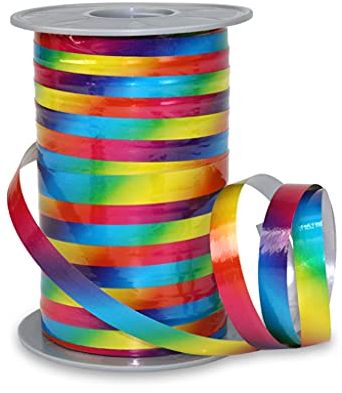 PRÄSENT POLY RAINBOW Ringelband rainbow, 200 m Geschenkband zum Verpacken und Dekorieren, 10 mm Breite, Dekoband in Regenbogenfarben, leicht kräuselbar