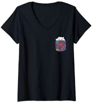 Damen Bongo T-Shirt Funny Cute Meme Cat katze Pocket T-Shirt mit V-Ausschnitt