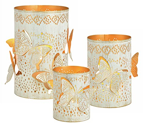 Metall Windlicht Schmetterling - 3er Set - Tischlaterne mit 3D Element - Deko Kerzenhalter Lichtspiel Wohnzimmer Terrasse Balkon