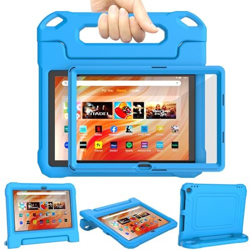 TrendGate Fire HD 10 Tablet Case Kids (13th/11th Gen, 2023/2021) - Blue | Lightweight, Shockproof, Soft, EVA, Dual Angle Handle Stand, Screen Protector, for Kindle Fire HD 10/Plus/Kids/Pro Tablet