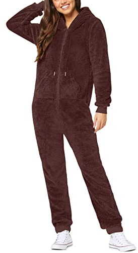 Pyjama pour femme en coton et peluche - Combinaison chaude - Élégante - En polaire - Pour l'hiver - Pyjama douillet - Une pièce - Grandes tailles avec capuche, marron, XXL