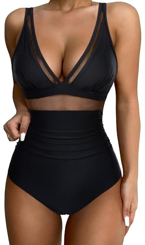SUUKSESS Women Slimming Tummy Control One Piece Swimsuits Sexy Mesh High Waisted Monokini Bathing Suits (Black, M)
