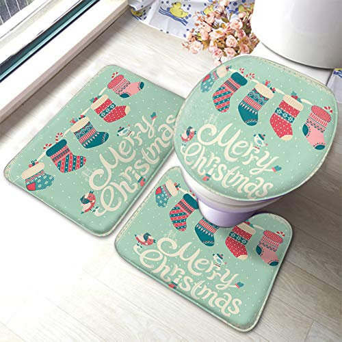 Set 3 Teilig Badvorleger Vintage Weihnachtssocke Frohe Weihnachten Lustige Phrase Santa Holiday Snow Bird Badgarnitur Badematten Weiche Badezimmer Teppiche Set 3 Stück, Für Wc-Sitz Bezug