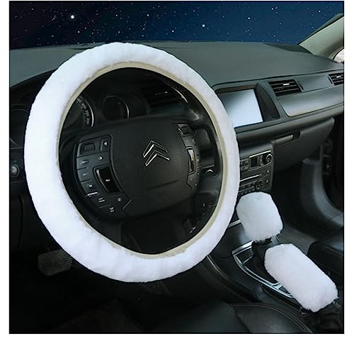 SHTGOI Lenkradbezug Universal Auto Lenkradabdeckung Winter Plüsch Lenkradüberzug Anti Rutsch Lenkradhülle Lenkrad Fellbezug mit Handbremse Schaltabdeckung Auto Zubehör für Frauen und Männer Weiß
