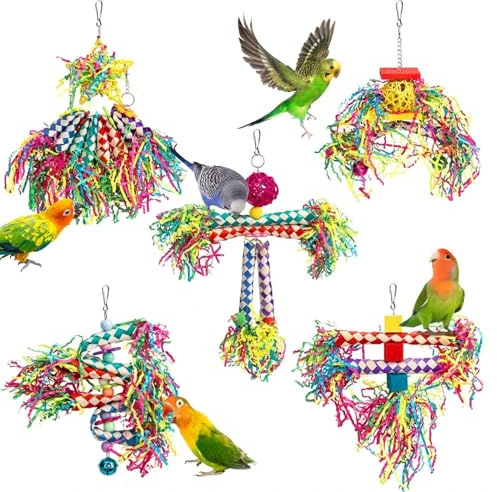 SLTEC 5 Stück Vogel Schreddern Spielzeug Holzblöcke Bunte Papageien Kauen Futtersuche Hängende Spielzeug für Sittiche Liebe Vögel Wellensittiche