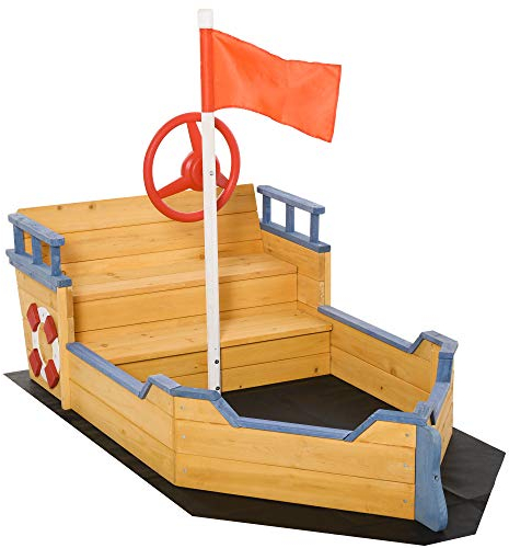 Outsunny Bac à Sable Forme de Bateau Pirate boîte à Sable pour Enfant Bateaux extérieurs - gouvernail Drapeau Rouge 2 marches et Espace de Rangement - Bois de Sapin et Tissu Non tissé Jaune