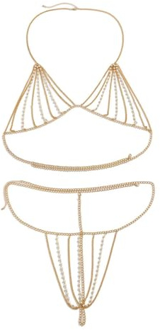 Generisch 2 x Körperketten-Anzug: Retro-Bikini, Brust, Taille, Kette, Unterwäsche, Eisen + Kunstperlen, Kein Edelstein