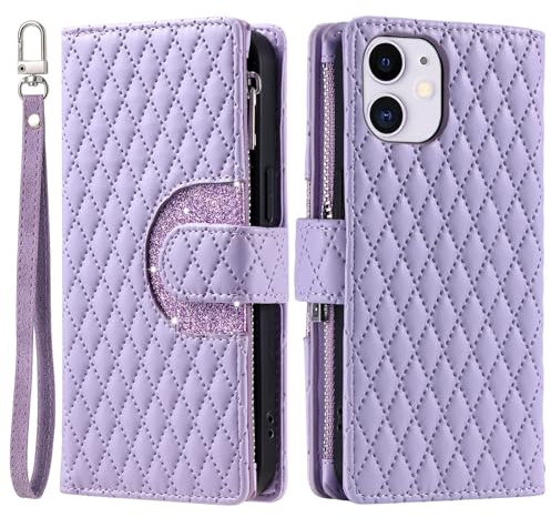 Unichthy For iPhone 11 Phone Purse Zipper Case Glitter for Women 9 Card Slots with Wrist Strap Shockproof Leather Flip Wallet Cover Handbag Zip Pocket Cover for iPhone 11 Purple