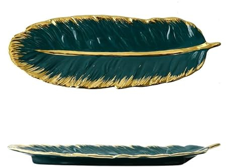 NobeOnbe 2 Plateaux en céramique créatifs avec Bord doré, Assiette à dîner en Plumes Vert foncé, Assiette de Fruits en Forme de Feuille de bananier, Plats de Rangement de Mode