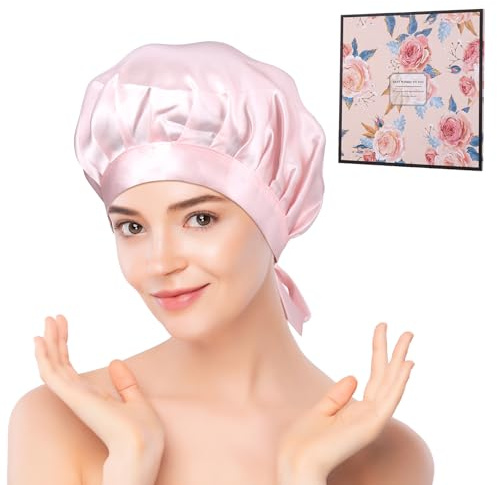 Fentar Schlafhaube Seide, 100% Natürliche Maulbeerseide Seidenhaube zum Schlafen, Atmungsaktive Silk Bonnet, Anti-Rutsch Schlafmütze mit Band, Elastische Haarhaube für die Nacht Lockiges Lange Haare
