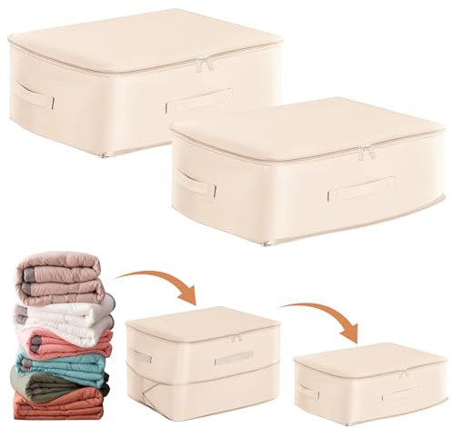 Lot de 2 Organisateur Auto-compression Ultra Peu Encombrants, Sacs de Rangement pour Couettes, Sac de Compression Voyage Empilable, Grand Sac de Rangement Mobiles pour Couvertures(Beige,52x42x30CM)