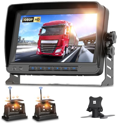 1080P Solare Telecamera Posteriore Senza Fili 2 Telecamere Magnetica 10000mAh con Monitor 7 Pollici, Kit Telecamera per Retromarcia Auto Wireless 2 Impermeabilità Visione Notturna DVR Camion Camper