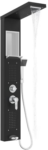 Suusolny Duschpaneelsystem Duschpaneel Duschset Duscharmatur mit 5 Funktionen Massagedusche, Regendusche, Handbrause, Zwei-in-Eins Duschkopf Integrierte Ablagefläche Duschset aus Edelstahl - Schwarz