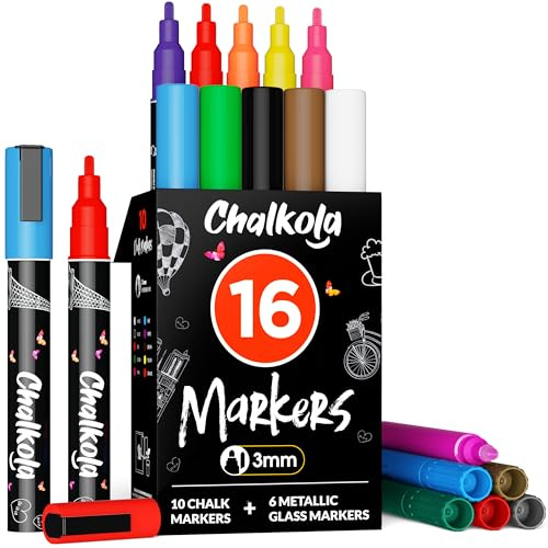 Chalkola 16 Fine Tip Chalk Pens for Blackboard (3mm Reversible Tip) | Washable Window Marker, Liquid Chalk Markers for Glass, Wall Calendar Board, Mirror, Car - Erasable Chalkboard Pens (16 Pack)