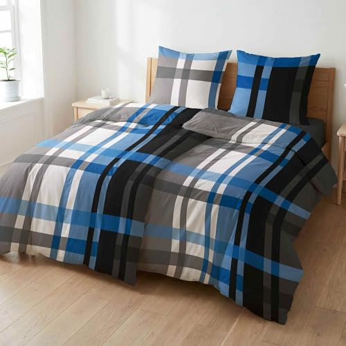 etérea Microfaser Bettwäsche 2X 135x200 cm + 2X 80x80 cm Urban Check Blau | 100% Polyester · Soft-Peach-Veredlung · Reißverschluss · 60°C waschbar · Ganzjahres · STANDARD 100 by OEKO-TEX