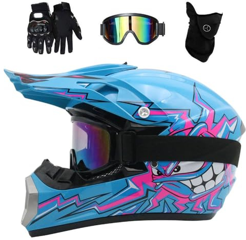 Juventud Enduro Integral Casco de Motocross, con Gafas Guantes Mascarilla, Unisexo Off Road ATV Moto Casco, BMX MTB Downhill Quad Dirt Bike Casco, Regalo para Niños Niñas