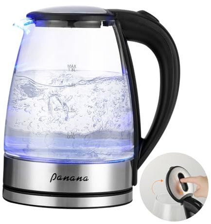 Panana Electric Kettle, 1.8L Glass Kettle, Fast Boil with Blue LED Indicator, Internal Filter, Auto Shut-off, Boil-Dry Protection, BPA Free