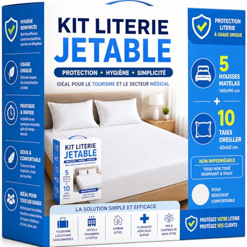 Kit Literie Jetable | 5 Housses Matelas 140x190 cm + 10 Taies d’Oreiller 60x60 | Non Imperméable | Protection Literie Usage Unique | Idéal Gîtes, Hôtels & Hébergements Temporaire