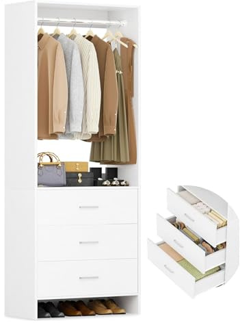WUDLEP Kleiderschrank mit 3 Schubladen, 2 Fuß großes Schrank-Organizer-System aus Holz, begehbarer Kleiderschrank oder kleiner Kleiderschranks, Kleiderständer mit Kleiderstangen, 24 W x 16 D x 80 H