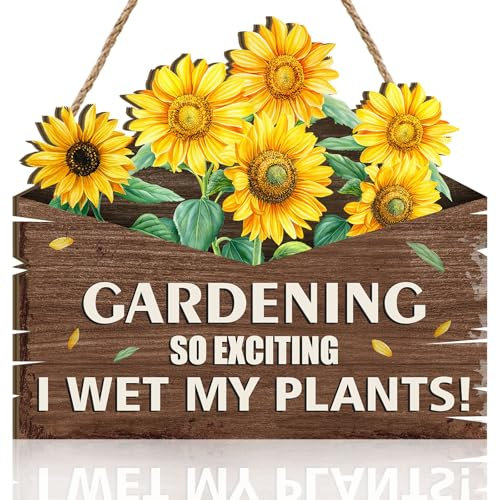 KAIRNE Sunflower Wooden Plaque Gardening So Exciting Wall Decor Spring Front Door Rustic Garden Hanging Sign Welcome Sign Presents for Gardeners Funny Quotes Wooden Hanging Plaque for Home