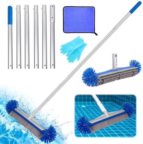 Brosse Robuste de nettoyage de piscine, 43 cm, tige aluminium réglable, extrémités rondes (bleu)