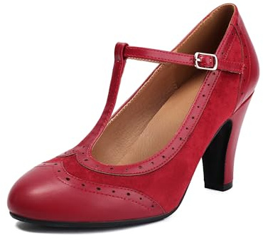 graceretro dam Mary Jane Wingtip rockability Oxford stängning rund tå vintage 1950-talet klackar T-remmar retro 1920-talet viktorianska pumps skor, röd, 37 EU