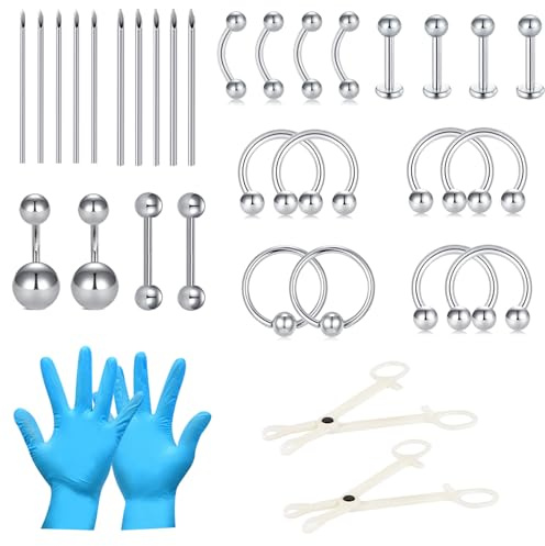 AceFun 34 Pezzi Kit Piercing per Tutti Piercings Set Auto Pierce Acciaio Inossidabile Labbro Sopracciglio Rook intagliato Barbell Setto Gioielli Ombelico Kits Piercing con 14G 16G Aghi