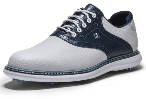 FootJoy Men's Traditions Golf Shoe, White/Peacoat/Marine, 10
