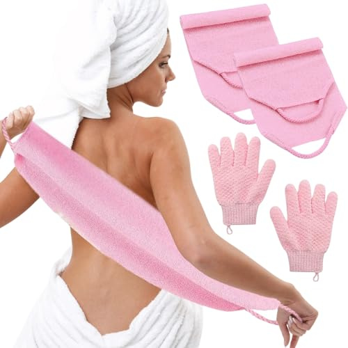 LUFFLOK Set Guanto Scrub Corpo, 2 Guanti Esfolianti Corpo e 2 Spazzole Schiena Doccia, Spazzola Doccia Schiena e Guanto Esfoliante per Uso sul Corpo, il Viso, la Doccia e il Bagno (Rosa)