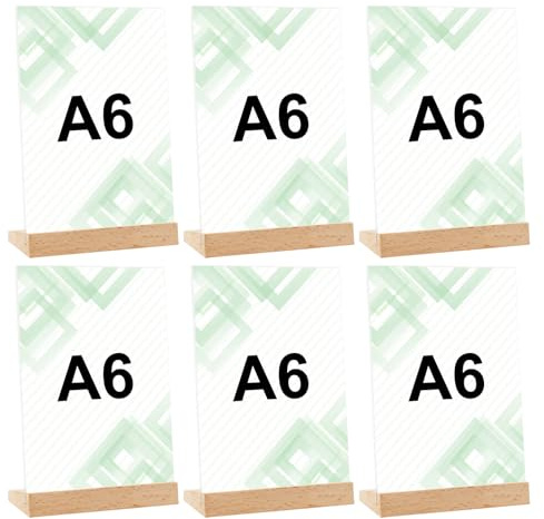 Tischaufsteller A6, Acryl Aufsteller mit Holzfuß (C, 6 Stück, 10 x 15cm) | Doppelseitiger Displayständer, für Preisschilder & Menükarten, für Restaurants, Cafés, Büros