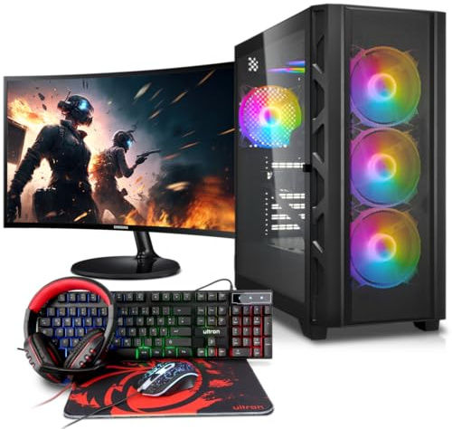 Basic Gaming Komplett PC Set, AMD Ryzen 5 3400G 4X 3.70GHz, 16 Go DDR4, 1000 Go SSD M.2, Win 11 Pro 64bit + 24 Zoll + Ultron Hawk Gaming Kit 4in1 Set