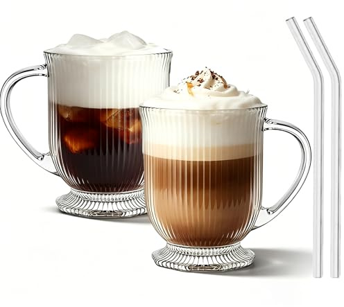 CZCMYAU Ribbed Glass Coffee Mug,16oz Heat Resistant Coffee Glasses Mugs with Handle,Durable Drinkware with Straws for Hot Beverages,Coffee,Tea,Milk,Juice,Ice Cream,Set of 2