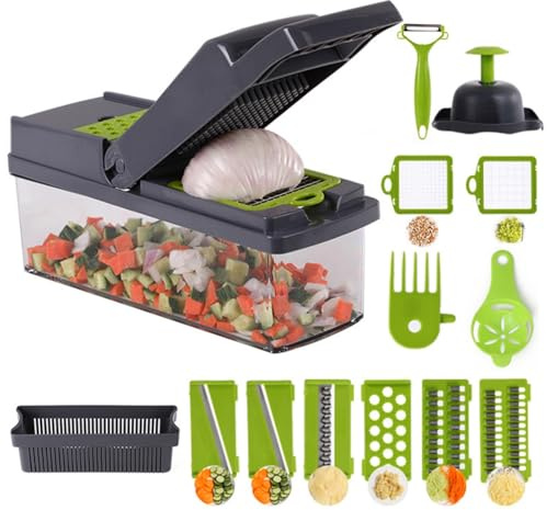 Hixingo Cortador de Verdura Multifuncional Rallador de Verduras con 15 Cuchillas Afiladas Intercambiables Accesorios Cocina Profesional - Cortador de Patatas Tomates Pepinos Frutas (Gris,Talla única)