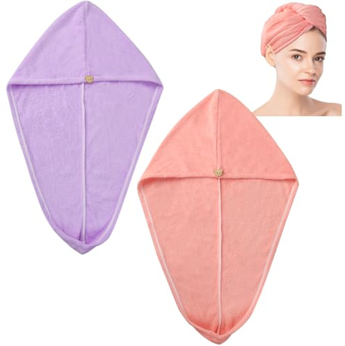 2 asciugamani in microfibra, per capelli rosa, viola, ispessiti, per asciugare i capelli, asciugamano turbante con bottone, super assorbente, asciugatura rapida, per donne e bambini