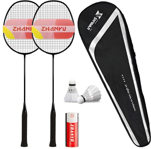 Badmintonschläger-Set für Hinterhöfe, Verbundkohlefaser, 82 g, leicht, Offensiv, professioneller Badmintonschläger für Männer und Frauen, Anfänger, inklusive 2 Schläger, 2 Federbälle, 1 Balltasche