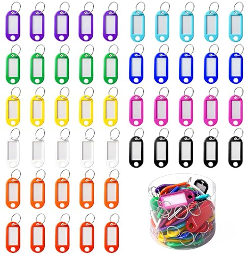 50pcs Key Tags with Labels, Plastic Key Fobs in Jars Identifier ID Keychain Tag Pack with Split Rings for Luggage Pet Collars Name Tags Backpacks, 10 Colors
