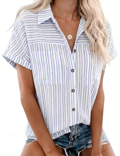 Rapbin Womens Blouses Short Sleeve V Neck Button Down Shirts with Pockets | Lightweight Breathable Summer Casual Tops for Work Holiday