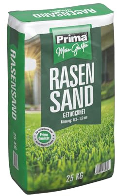 Prima Rasensand 25 kg Papiersack – getrocknet 0,3–1,6 mm Körnung – Rasensand für Rasenpflege, Rasenbelüftung & Bodenverbesserung – Sand für Garten & Rasen, verbessert Wasseraufnahme (1)
