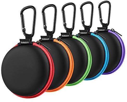 SUNGUY [5-Pack Earphone Carry Case, Small Round Pocket Earbud Travel Carrying Case with Zipper for Smartphone Earphone, Wireless Headset, USB Cable, SD Cards Storage Bags, Masks and More