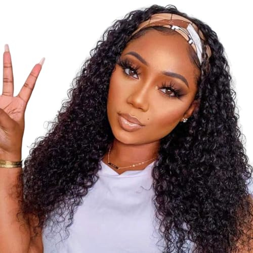 WENYAN Headband Wig Human Hair Deep Wave 16 Inch Wigs for Black Women Glueless None Lace Front Curly Wave Wig Brazilian Virgin Hair Wear and Go Wigs Machine Made 150% Density Natural Color