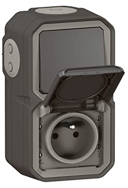 LEGRAND - Prise Etanche et Interrupteur Va-et-vient IP55 Plexo - Prise 2P+T 16A/250V avec Volet + Interrupteur Mural 10A - Pour Pose Verticale en Apparent - Fabriqué En France - Anthracite