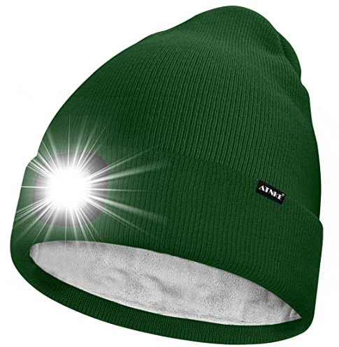 ATNKE LED-mössa med ljus, uppladdningsbar USB 4 LED-upplyst löparmössa, extremt ljus lampa, vinter, varm, fodrad fleece, stickad mössa för män och kvinnor, presenter, Mörkgrön, En Storlek