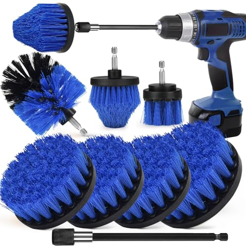 Drill Brush Attachment Set, 7 Pack 1/4in Power Scrubber Brush + Extend Long Rod, Brush Drill Attachment, Power Cleaning Scrub Brush for Bathroom, Tub, Tile, Corner（Blue）