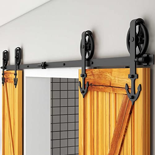 WOLFBIRD 213cm (7FT) Großes Rad Rolle Schiebetürbeschlag Holztür Doppeltür Schiebetürsystem Komplett-Set für 2 türen, Schwarz