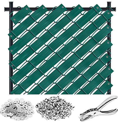 262. 45ft Chain Link Fence Privacy Slats and 302Pcs Button Puncher, Fence Tape Fasteners Fence Covering Privacy for Home Warehouse School Businesses Stadiums (Green)